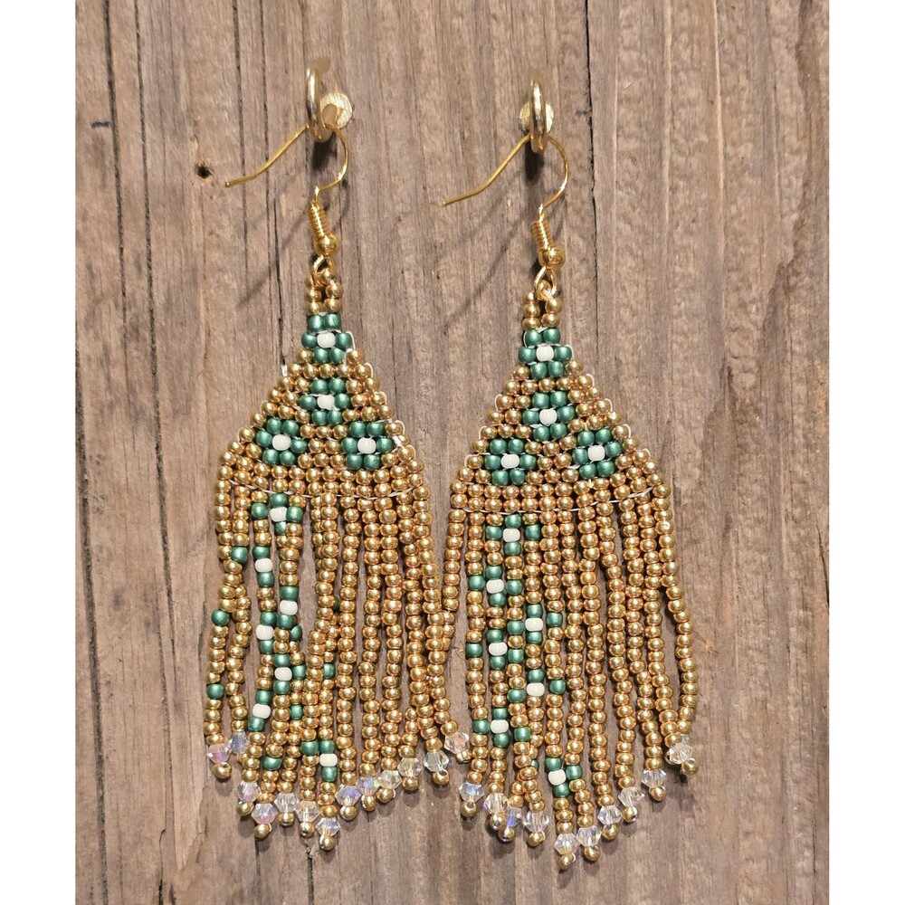 Handmade Beaded Drop Dangle Earrings, Gold and Green Statement Earrings, 3.5 Inc